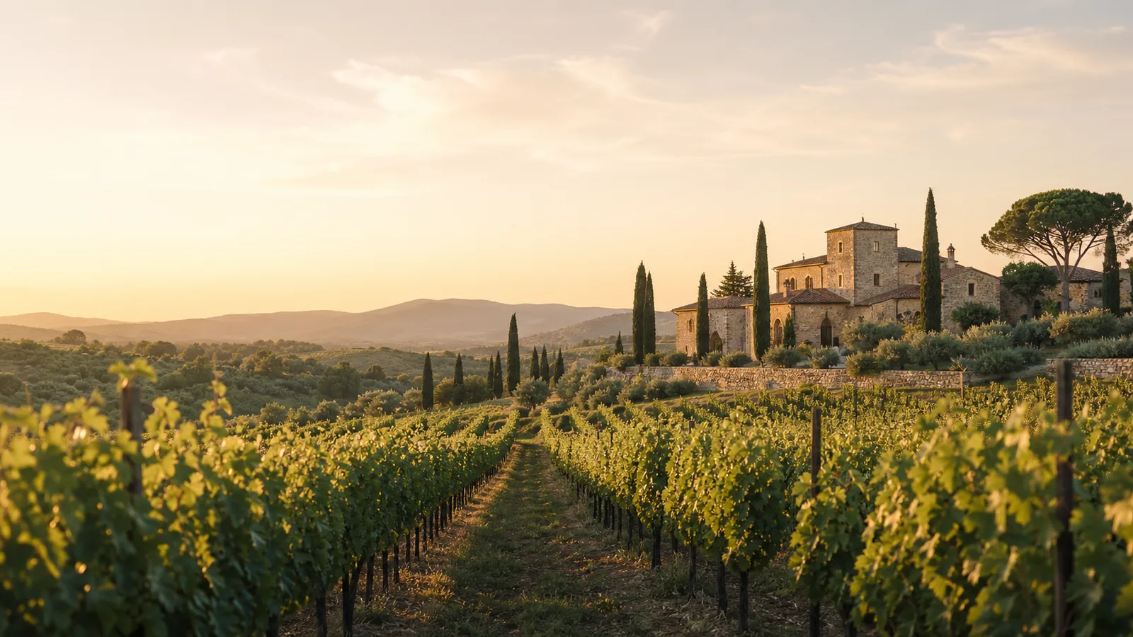 A vineyard estate at sunset