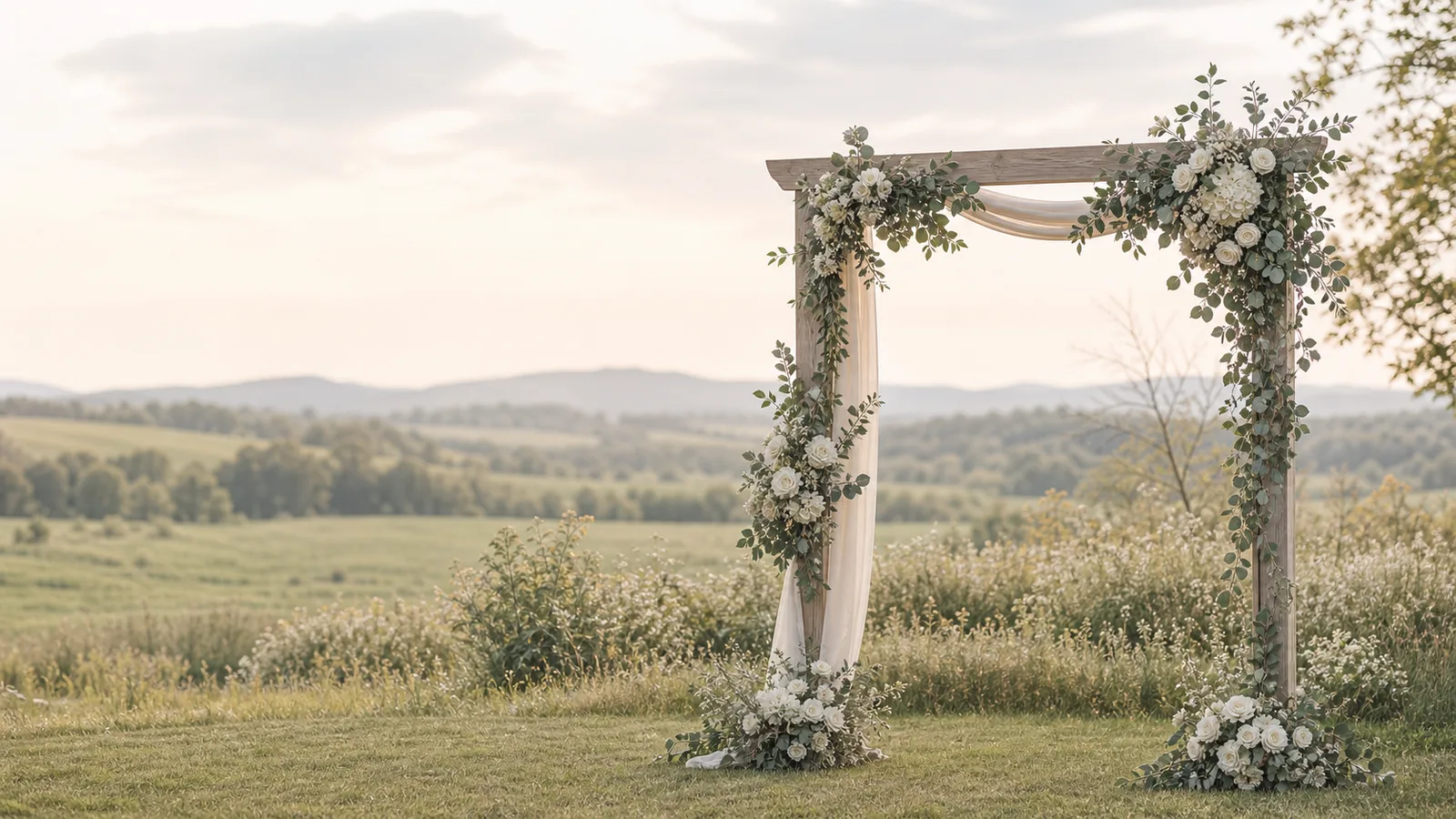 A flower-covered wedding arch overlooking the countryside